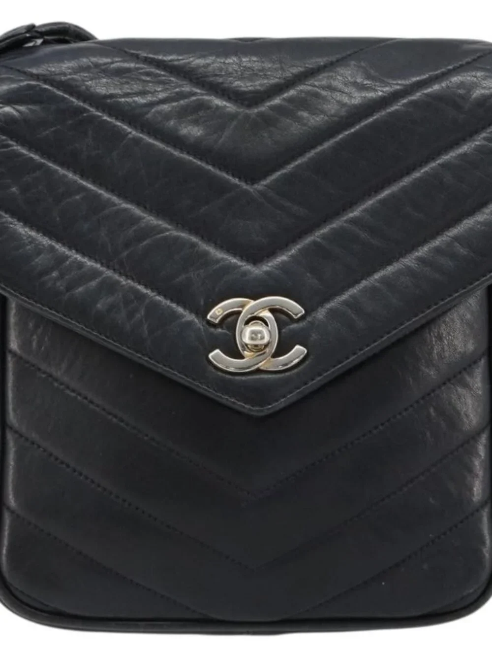 CHANEL V Stitch Shoulder Bag Lamb Skin Navy Gold CC Auth bs35440